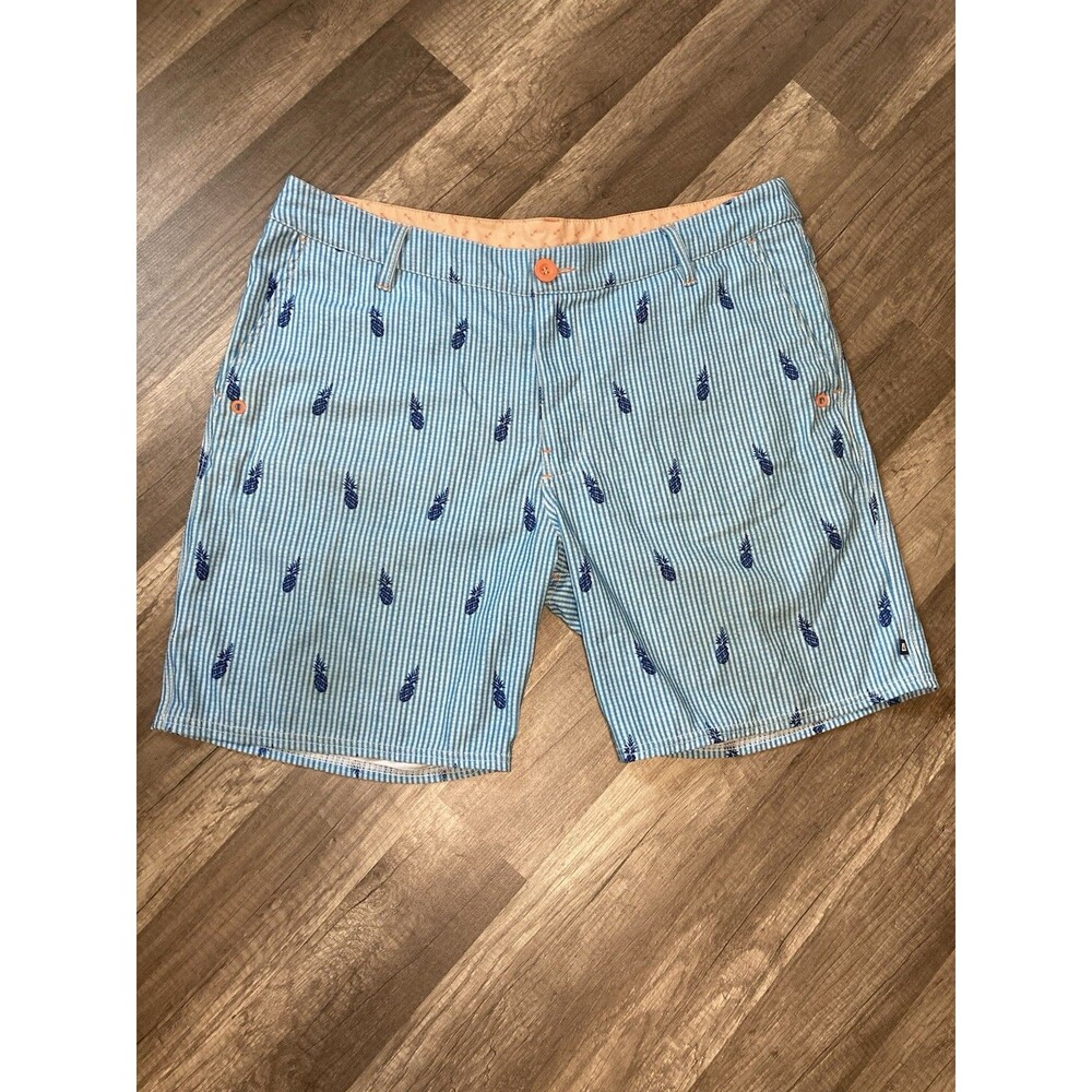 Sperry Top-Sider 36 Flat Front Golf Active Shorts Blue Striped Pineapple Fruit
